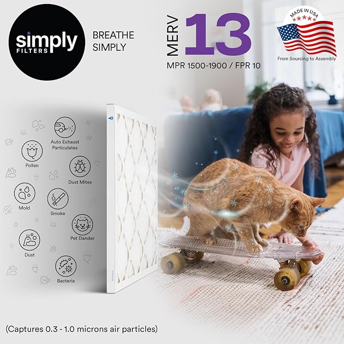 Simply 20x30x1 Air Filter, Merv 13, 6 Pack, For Home AC Furnace & HVAC (Actual Size: 19.75"x29.75"x0.75") DUST, Pet, & Allergy Control