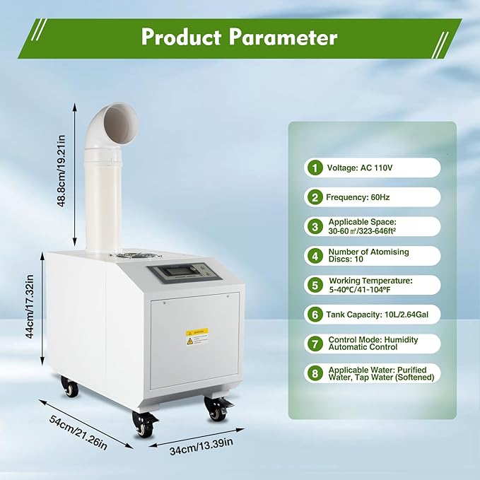 Ultrasonic Industrial Agricultural Humidifer, 0.79Gal/H Smart Commercial Humidifier with LCD Screen & humidity Sensor Automatic Mist Cooling Sprayer Airflow for Warehouse Greenhouse Garden Etc