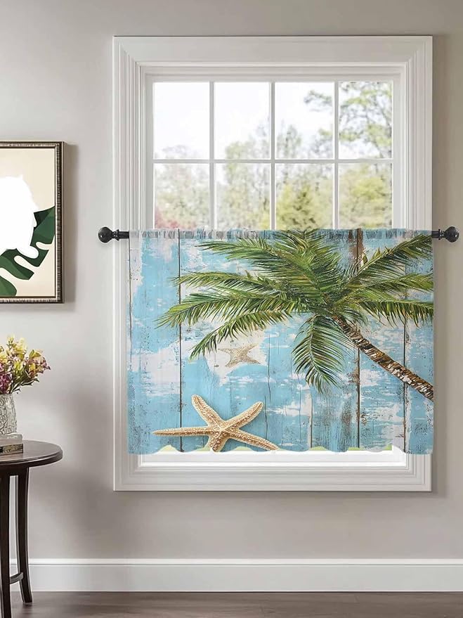 Sheer Curtains 45 Inch Length, Coastal Beach Blue Semi Sheer Curtains Light Filtering Window Treatment, Tropical Coconut Tree Vintage Wood Grain Privacy Voile Drapes for Living Room Bedroom 52x45 Inch