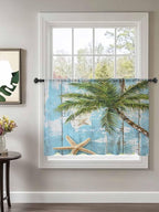 Sheer Curtains 45 Inch Length, Coastal Beach Blue Semi Sheer Curtains Light Filtering Window Treatment, Tropical Coconut Tree Vintage Wood Grain Privacy Voile Drapes for Living Room Bedroom 52x45 Inch
