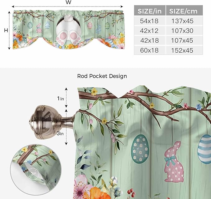 Easter Tie Up Valance Curtains for Windows, Kitchen Curtains Window Shades, Spring Watercolor Bunny Eggs Wooden Grain Green Light Filtering Roman Curtain Valances for Bedroom/Bathroom/Cafe 42"x12"