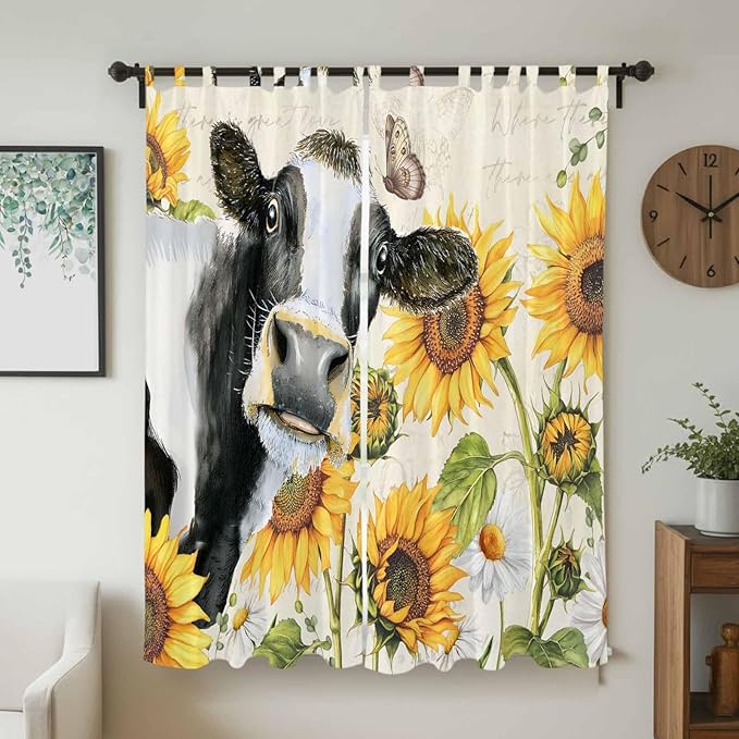 Yellow Sunflowers Living Room Curtains 84 Inch Length, Window Curtains Tab Top, Country Cow Flower Butterfly Farmhouse Cream Light Filtering Window Treatments Drapes 52"x84" 2 Panel