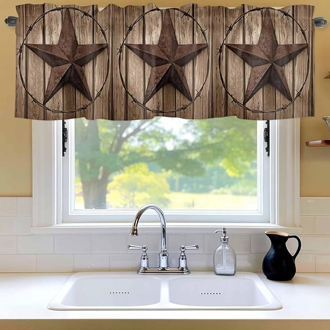 Vintage Texas Star Valances for Windows, Brown Wood Grain Wire Kitchen Valance Light Filtering Rod Pocket Short Curtains for Kitchen Bathroom, 1 Panel, 54"x18"