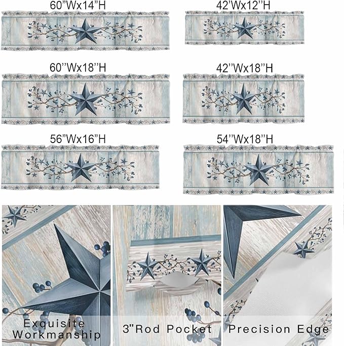 Blue Texas Star Valances for Windows, Vintage Star Berry Blue Beige Wood Grain Kitchen Valance Light Filtering Rod Pocket Short Curtains for Kitchen Bathroom, 1 Panel, 60"x18"