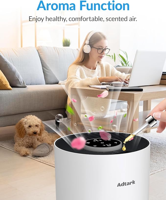 2 Pack Air Purifiers for Home Bedroom, ADTARK Air Cleaner with H14 True HEPA 3-in-1 Filter, Sleep Mode & Aroma Function, 3 Light Modes, Room Air Purifier with 3 Timer for Office, Dorm, Hotel (White)