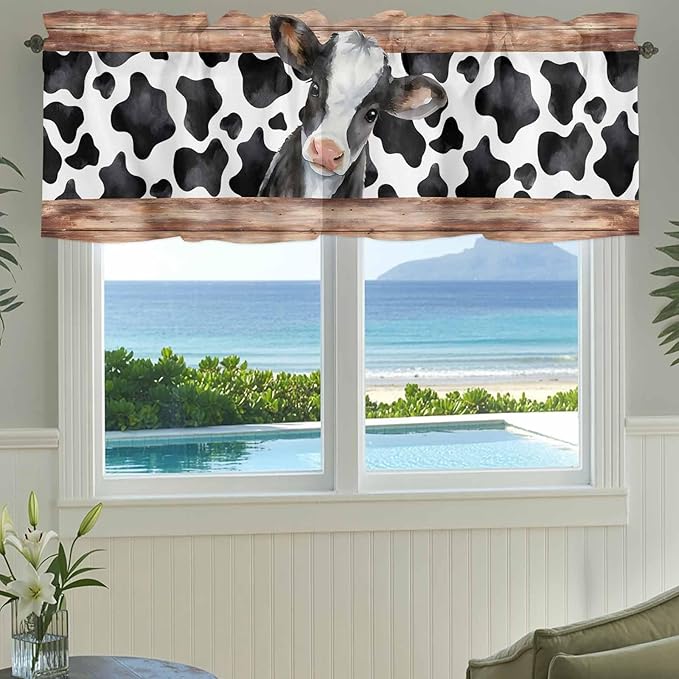 Cow Printed Curtain Valances for Windows, Kitchen Valance Window Treatment, Farmhouse Watercolor Country Wooden Grain Light Filtering Block Curtains for Bathroom/Bedroom/Living Room 54'' x 18''
