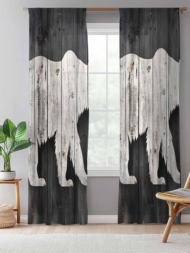 Sheer Curtains 108 Inches Long, White Brown Bear Semi Sheer Curtains Light Filtering Window Treatment, Farmhouse Country Rustic Wooden Grain Privacy Voile Drapes for Living Room Bedroom 52x108 Inch