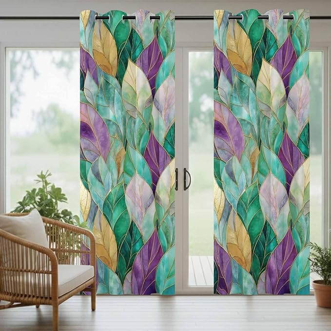 Leaves Outdoor Curtains for Patio Gorgeous Leaf Abstract Spring Waterproof Outside Curtains with Grommet Top Weatherproof Curtain for Cabana Pergola Gazebo, 2 Pack, 54" W x 95" L