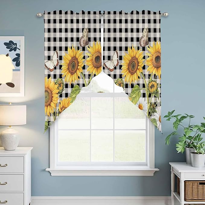 Sunflowers Swag Valances for Windows, Yellow Flowers Butterfly Farmhouse Black Plaid Rod Pocket Kitchen Curtains Valance, Small Window Curtains Swag for Cafe Bathroom Living Room, 2 Panels, 28x36 inch