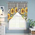 Sunflowers Swag Valances for Windows, Yellow Flowers Butterfly Farmhouse Black Plaid Rod Pocket Kitchen Curtains Valance, Kitchen Window Curtains Swag for Cafe Living Room, 2 Panels, 36x45 inch
