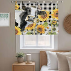 Retro Sunflowers Bedroom Curtains 63 Inch Length, Window Curtains Tab Top, Farmhouse Floral Cow Butterfly Black Plaid Light Filtering Window Treatments Drapes 42"x63" 2 Panel