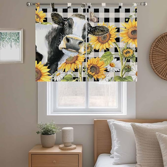 Retro Sunflowers Bedroom Curtains 63 Inch Length, Window Curtains Tab Top, Farmhouse Floral Cow Butterfly Black Plaid Light Filtering Window Treatments Drapes 42"x63" 2 Panel