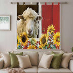 Sheep Flowers Bathroom Curtains 63 Inch Length, Window Curtains Tab Top, Country Red Barn Botanical Sunflowers Light Filtering Window Treatments Drapes 52"x63" 2 Panel