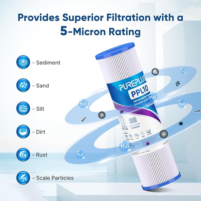 PUREPLUS 5 Micron 10"x2.5" Whole House Pleated Sediment Filter for Well Water, Replacement Cartridge for Universal 10 inch RO System, W50PE, WFPFC3002, SPC-25-1050, FM-50-975, 801-50, WB-50W, 2Pack