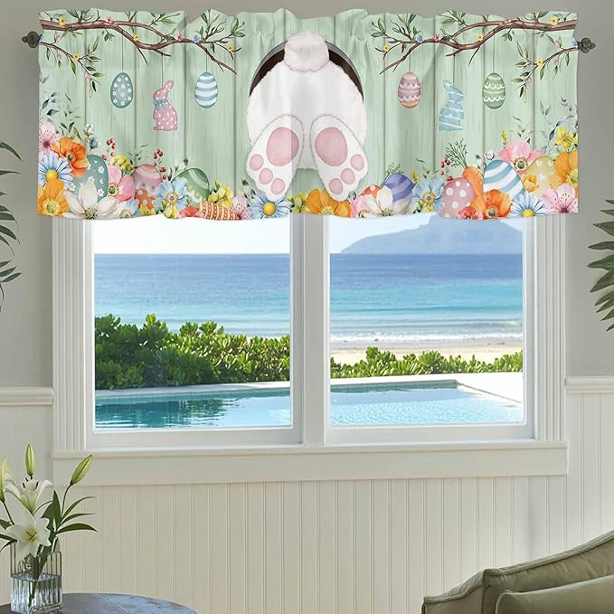 Easter Curtain Valances for Windows, Kitchen Valance Window Treatment, Spring Watercolor Bunny Eggs Wooden Grain Green Light Filtering Block Curtains for Bathroom/Bedroom/Living Room 42'' x 12''