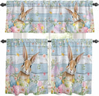 Kitchen Curtains Tiers and Valance Set of 3, Easter Light Filtering Window Curtain Set, Farmhouse Spring Rabbit Eggs Flowers Wooden Board Rod Pocket Curtain Drapes for Living Room, 36 Inches Tiers