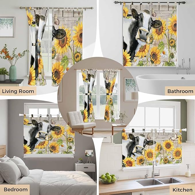 Yellow Sunflowers Kitchen Curtains 45 Inch Length, Short Cafe Window Curtains Tab Top, Farmhouse Cow Barn Doors Floral Butterfly Light Filtering Window Treatments Tier Drapes 27.5"x45" 2 Panel