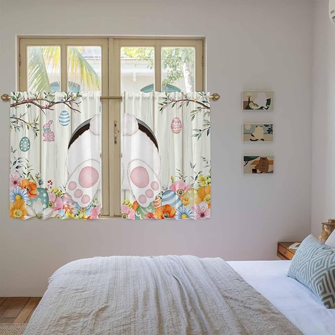 Easter Kitchen Curtains 54 Inch Long 2 Panel Set, Rod Pocket Window Curtains Panels, Spring Farmhouse Watercolor Bunny Eggs Wood Grain Light Filtering Privacy Draperies for Bedroom Laundry 42"W x 54"L