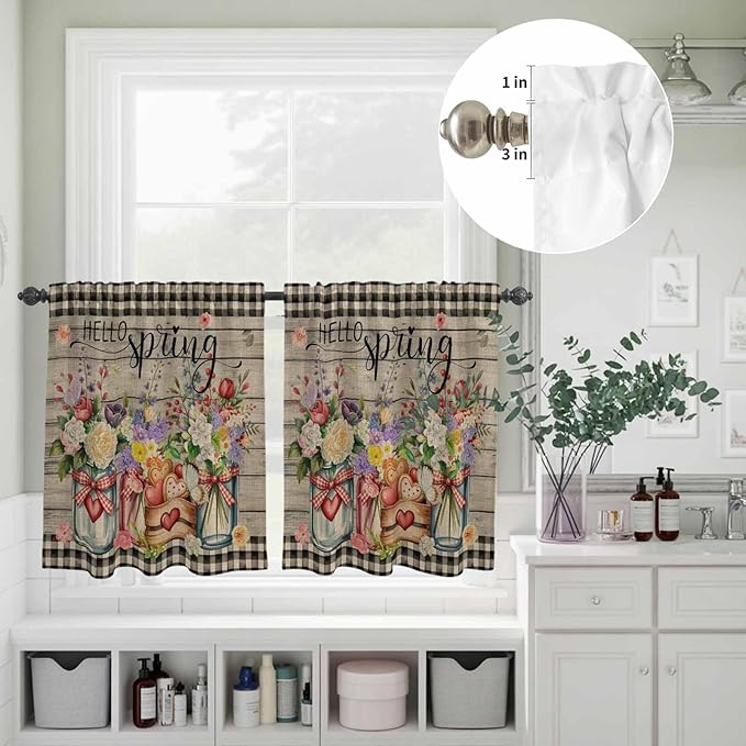 Spring Flowers Kitchen Curtains Set 3 Piece for Windows, Rod Pocket Valance and Tier Set 24 Inch Length, Farmhouse Vintage Black Plaid Wood Grain Light Filtering Cafe Curtains for Living Room Bathroom