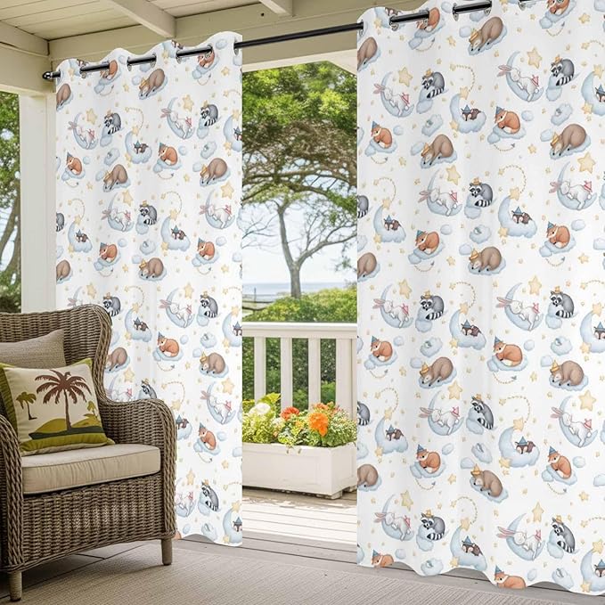Cartoon Animals Outdoor Curtains for Patio Raccoons Rabbits Moon Waterproof Outside Curtains with Grommet Top Weatherproof Curtain for Cabana Pergola Gazebo, 1 Panel, 54" W x 84" L