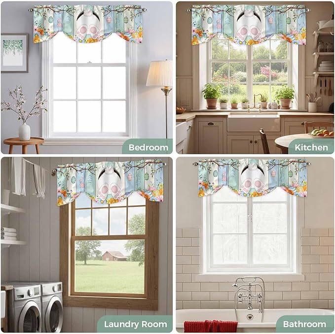 Easter Tie Up Valance Curtains for Windows, Kitchen Curtains Window Shades, Spring Watercolor Bunny Eggs Wood Grain Teal Blue Light Filtering Roman Curtain Valances for Bedroom/Bathroom/Cafe 54"x18"