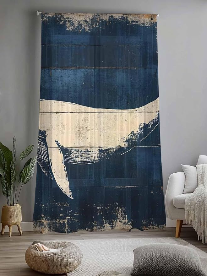 Sheer Curtains 96 Inches Long, Ocean Whale Blue Semi Sheer Curtains Light Filtering Window Treatment, Summer Coastal Vintage Wood Grain Privacy Voile Drapes for Living Room Bedroom 52x96 Inch
