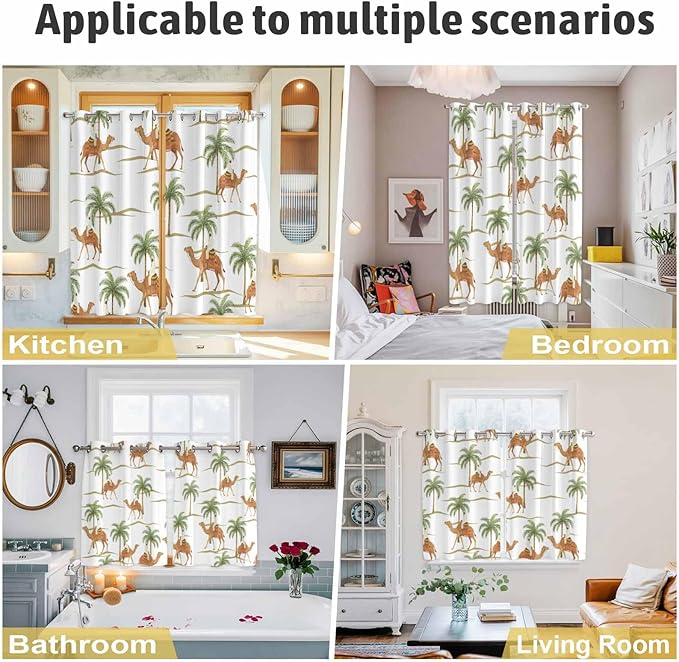 2 Panel Kitchen Cafe Curtains, Desert Camels Sunlight Filtering Nature Air Through, Home Decor Window Covering Tier Curtains for Bedroom Living Room 104W x 72L inch Tropical Date Palm Trees Animal
