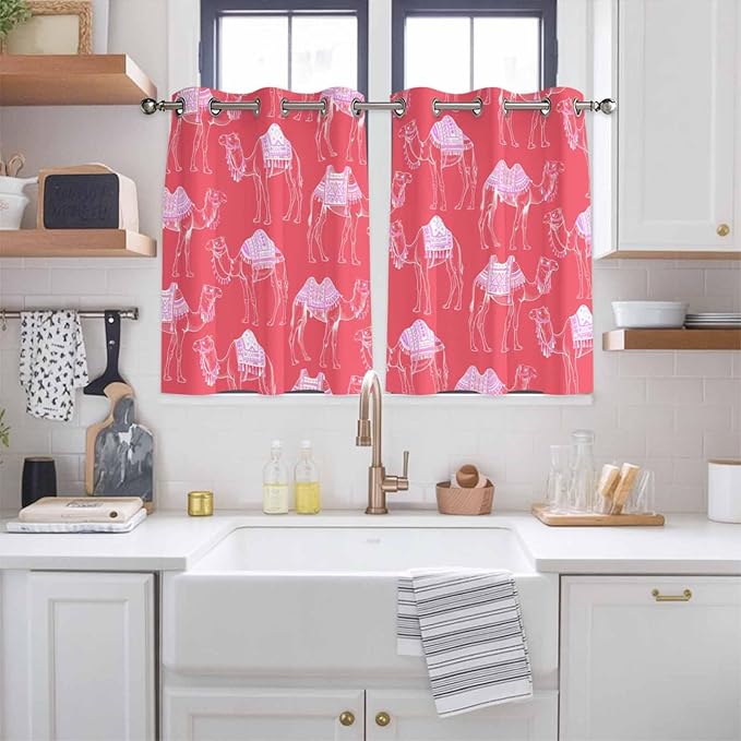 2 Panel Kitchen Cafe Curtains, Desert Camel Sunlight Filtering Nature Air Through, Home Decor Window Covering Tier Curtains for Living Room 104W x 52L inch Summer Sand Camel Animal Vintage Pink