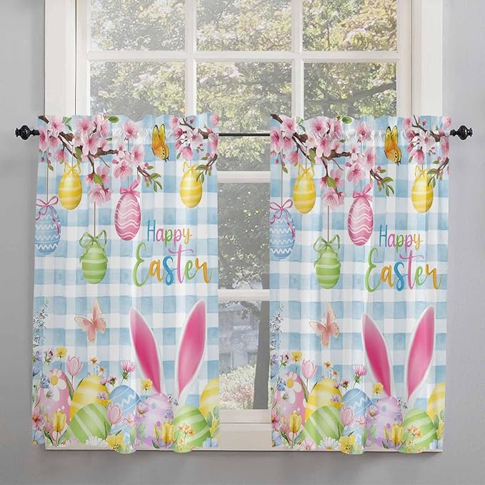 Happy Easter Kitchen Curtains 54 Inches length, Spring Watercolor Bunny Eggs Flower Blue Plaid Window Treatment Curtain Drapes, Decorative Window Curtains for Bedroom Cafe, 52"x54", 2 Panels