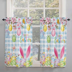 Happy Easter Tier Curtains 45 Inches Long, Spring Watercolor Bunny Eggs Flower Blue Plaid Window Treatment Curtain Drapes, Window Half Privacy Curtains for Bedroom Bathroom, 42"x45", 2 Panels