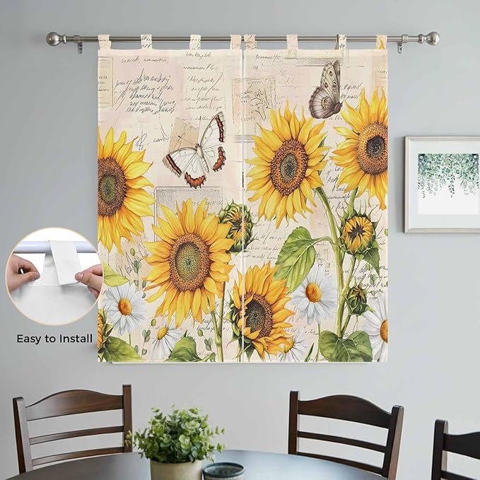 Yellow Sunflowers Bedroom Curtains 72 Inch Length, Window Curtains Tab Top, Country Farm Butterfly Flower Light Beige Light Filtering Window Treatments Drapes 52"x72" 2 Panel