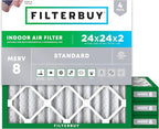 Filterbuy 24x24x2 Air Filter MERV 8 Essential Dust & Allergy Defense (4-Pack), Electrostatic Pleated HVAC AC Furnace Filters Replacement, Made in USA (Actual Size: 23.38 x 23.38 x 1.75)