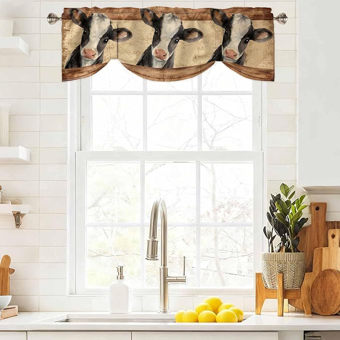 Farmhouse Cow Tie Up Valance Curtains for Windows, Kitchen Curtains Window Shades, Country Vintage Animals Wooden Grain Light Filtering Roman Curtain Valances for Bedroom/Bathroom/Cafe 42"x18"
