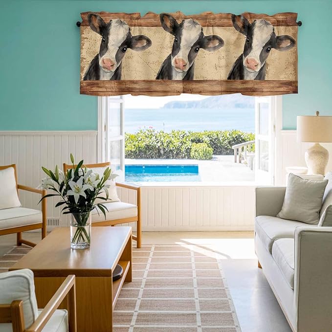 Farmhouse Cow Curtain Valances for Windows, Kitchen Valance Window Treatment, Country Vintage Animals Wooden Grain Light Filtering Block Curtains for Bathroom/Bedroom/Living Room 60'' x 18''
