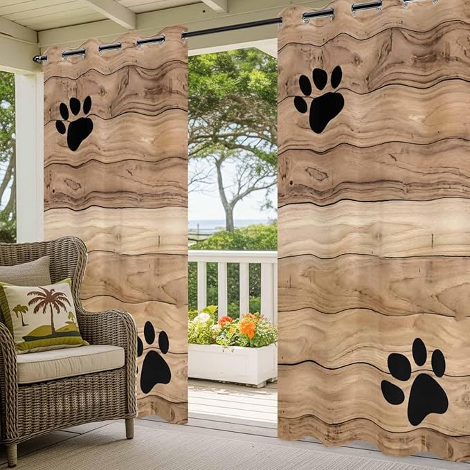 Wood Grain Outdoor Curtains for Patio Claws Animals Wooden Brown Waterproof Outside Curtains with Grommet Top Weatherproof Curtain for Cabana Pergola Gazebo, 1 Panel, 54" W x 108" L