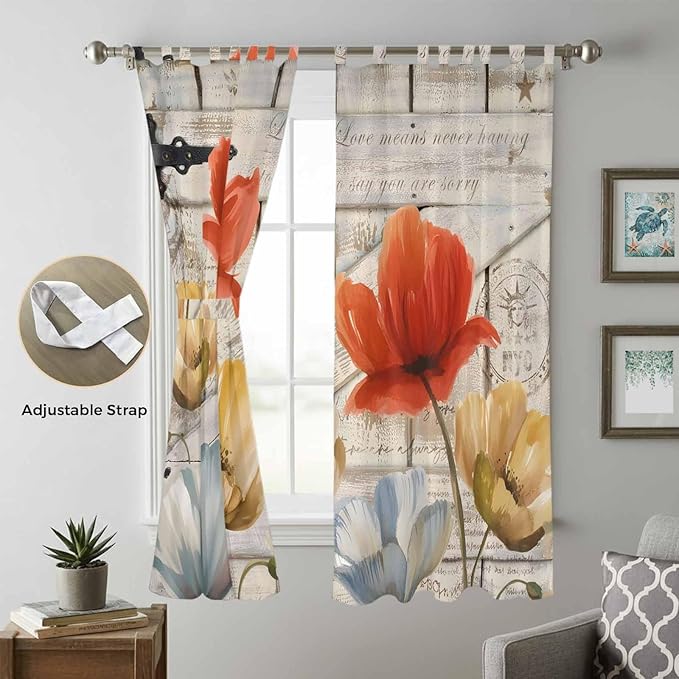 Retro Floral Living Room Curtains 96 Inch Length, Window Curtains Tab Top, Red Yellow Tulips Barm Doors Farmhouse Wooden Light Filtering Window Treatments Drapes 52"x96" 2 Panel