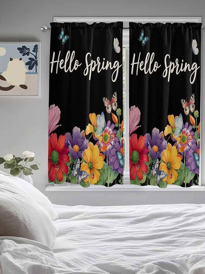 Spring Flowers Bedroom Curtains 63 Inches length, Watercolor Country Colorful Floral Black Window Treatment Curtain Drapes, Rod Pocket Curtain Panels for Living Room Kitchen, 42"x63", 2 Panels