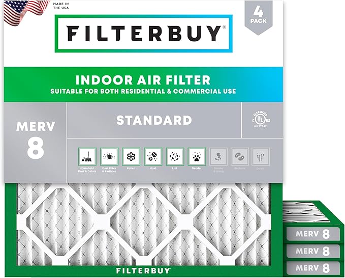 Filterbuy 19x19x1 Air Filter MERV 8 Essential Dust & Allergy Defense (4-Pack), Electrostatic Pleated HVAC AC Furnace Filters Replacement, Made in USA (Actual Size: 19.00 x 19.00 x 0.75)