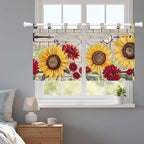 Red Yellow Sunflowers Kitchen Curtains 24 Inch Length, Small Window Curtains Tab Top, Retro Rustic Barn Doors Butterfly Brown Light Filtering Short Window Treatments Tier Drapes 27.5"x24" 2 Panel