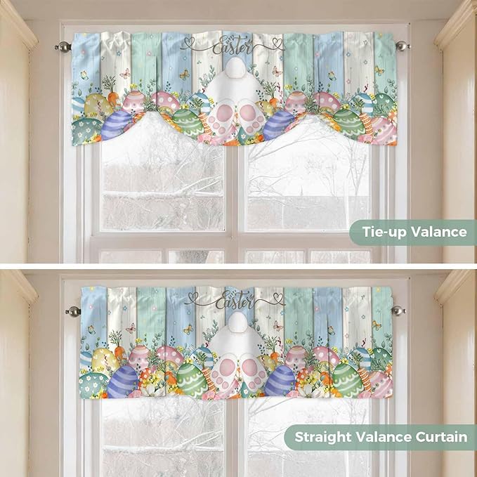 Easter Tie Up Valance Curtains for Windows, Kitchen Curtains Window Shades, Spring Rabbit Ears Foot Flowers Eggs Green Wooden Light Filtering Roman Curtain Valances for Bedroom/Bathroom/Cafe 42"x12"