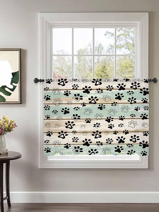 Sheer Curtains 45 Inch Length, Sage Green Beige Farmhouse Semi Sheer Curtains Light Filtering Window Treatment, Black Dog Paw Vintage Wooden Privacy Voile Drapes for Living Room Bedroom 52x45 Inch