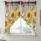 Farmhouse Sunflowers Swag Valances for Windows, Rustic Barn Doors Flowers Butterfly Wooden Rod Pocket Kitchen Curtains Valance, Small Window Curtains Swag for Cafe Living Room, 2 Panels, 28x36 inch