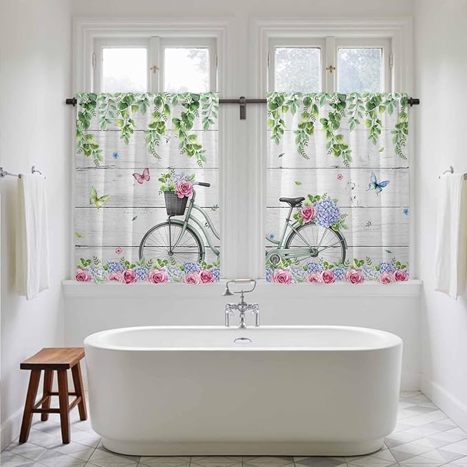 Spring Kitchen Curtains, Bicycles Botanical Rose Leaves Butterfly Wood Grain Light Filtering Window Curtain Panels, 2Pcs Rod Pocket Window Treatments Set for RV Dining Room Study Room 42x45 Inches