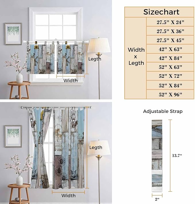 Blue Grey Wooden Kitchen Curtains 45 Inch Length, Short Cafe Window Curtains Tab Top, Farmhouse Barn Sunflowers Retro Light Filtering Window Treatments Tier Drapes 27.5"x45" 2 Panel