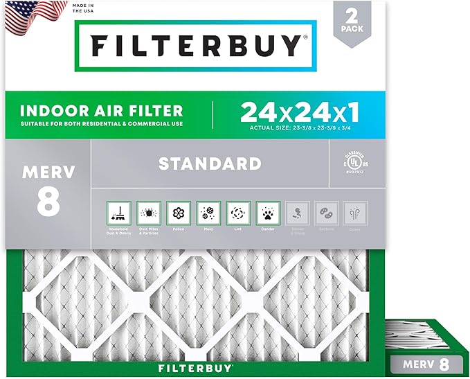 Filterbuy 24x24x1 Air Filter MERV 8 Essential Dust & Allergy Defense (2-Pack), Electrostatic Pleated HVAC AC Furnace Filters Replacement, Made in USA (Actual Size: 23.38 x 23.38 x 0.75)