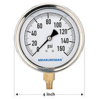 MEASUREMAN 4" Dial Size, Glycerin Filled Plumbing Pressure Gauge, 0-160psi, Stainless Steel Case, 1/4" NPT Lower Mount