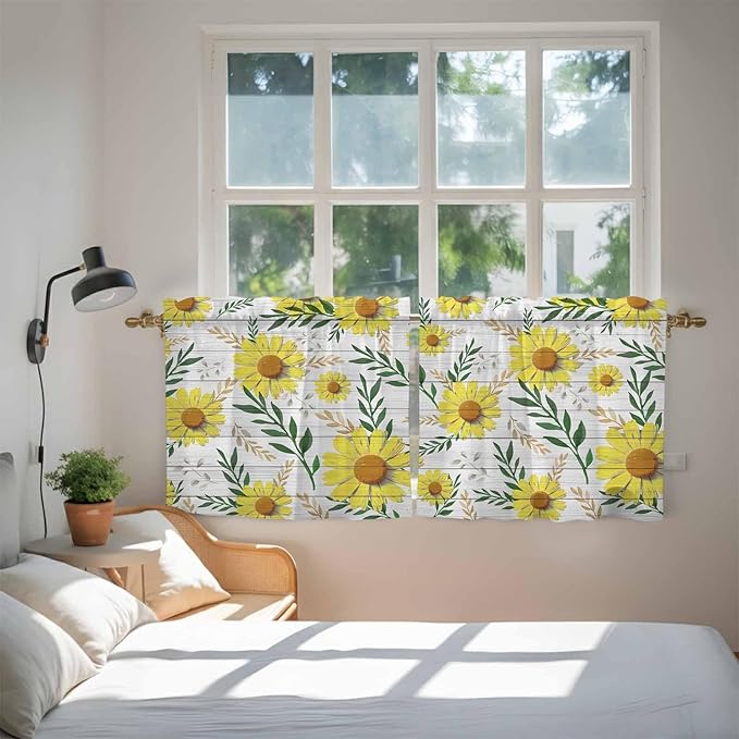 Yellow Daisy Tier Curtains, Farmhouse Country Flower Leaf Plant Wood Grain Light Filtering Kitchen Curtains, 2Pcs Rod Pocket Half Window Treatments Panels for Sink Cafe Cabinet Camper 27.5x24 Inches