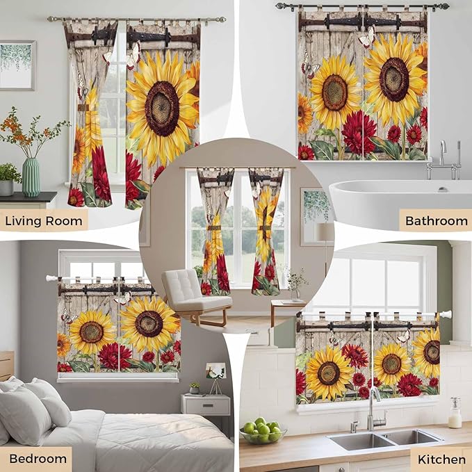 Sunflowers Bathroom Curtains 63 Inch Length, Window Curtains Tab Top, Retro Flower Barn Doors Butterfly Farmhouse Brown Light Filtering Window Treatments Drapes 52"x63" 2 Panel