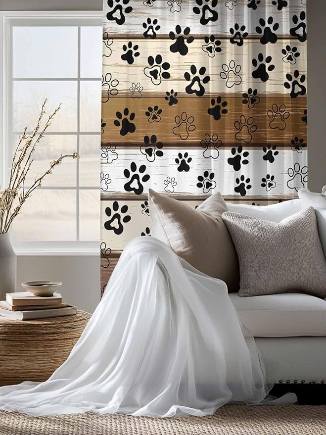 Sheer Curtains 72 Inches Long, Brown Beige Farmhouse Semi Sheer Curtains Light Filtering Window Treatment, Black Dog Paw Vintage Wooden Privacy Voile Drapes for Living Room Bedroom 52x72 Inch