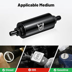 EVIL ENERGY Inline Fuel Filter 100 Micron with Barb 1/2", 3/8", 5/16" Fitting Adapter, Bracket Clamp 50MM Universal Aluminum Black for Gasoline, Diesel, Rubber Fuel Line